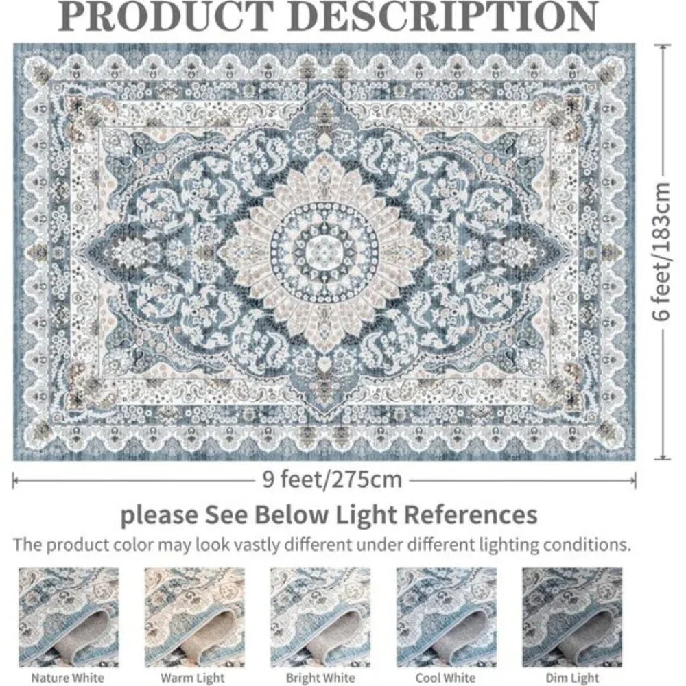 New 6x9 Blue Vintage Washable Rug Non-Slip Low Pile Carpet for Home & Room